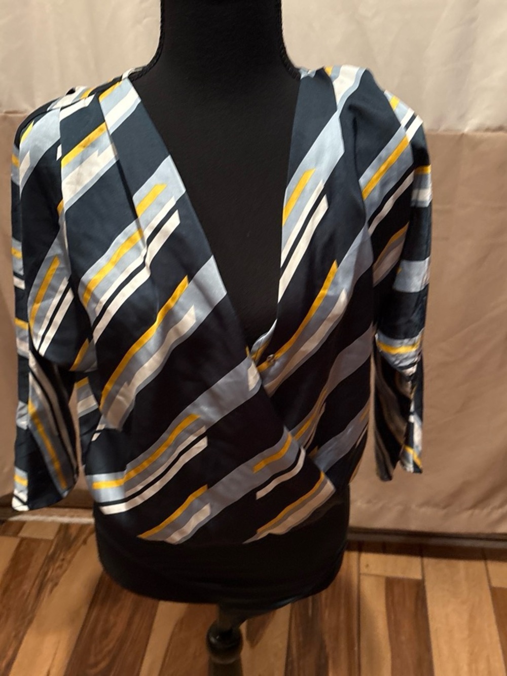 Forever 21 Striped Wrap-Front Blouse in Navy, Light Blue & Yellow